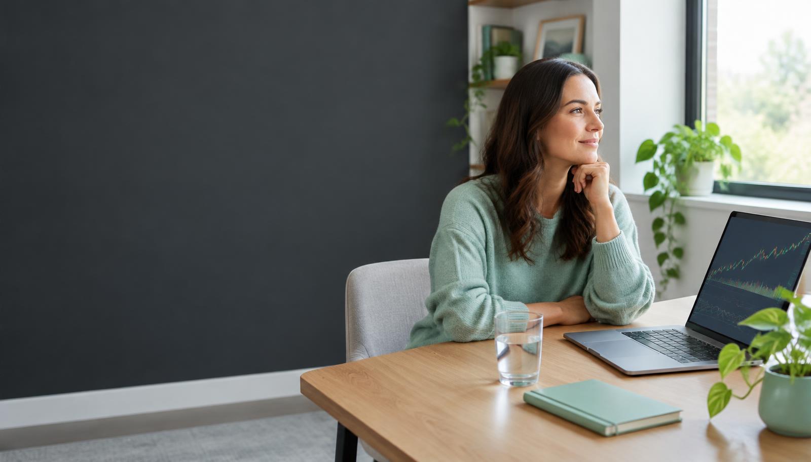 A trader taking a thoughtful break from her laptop at home
