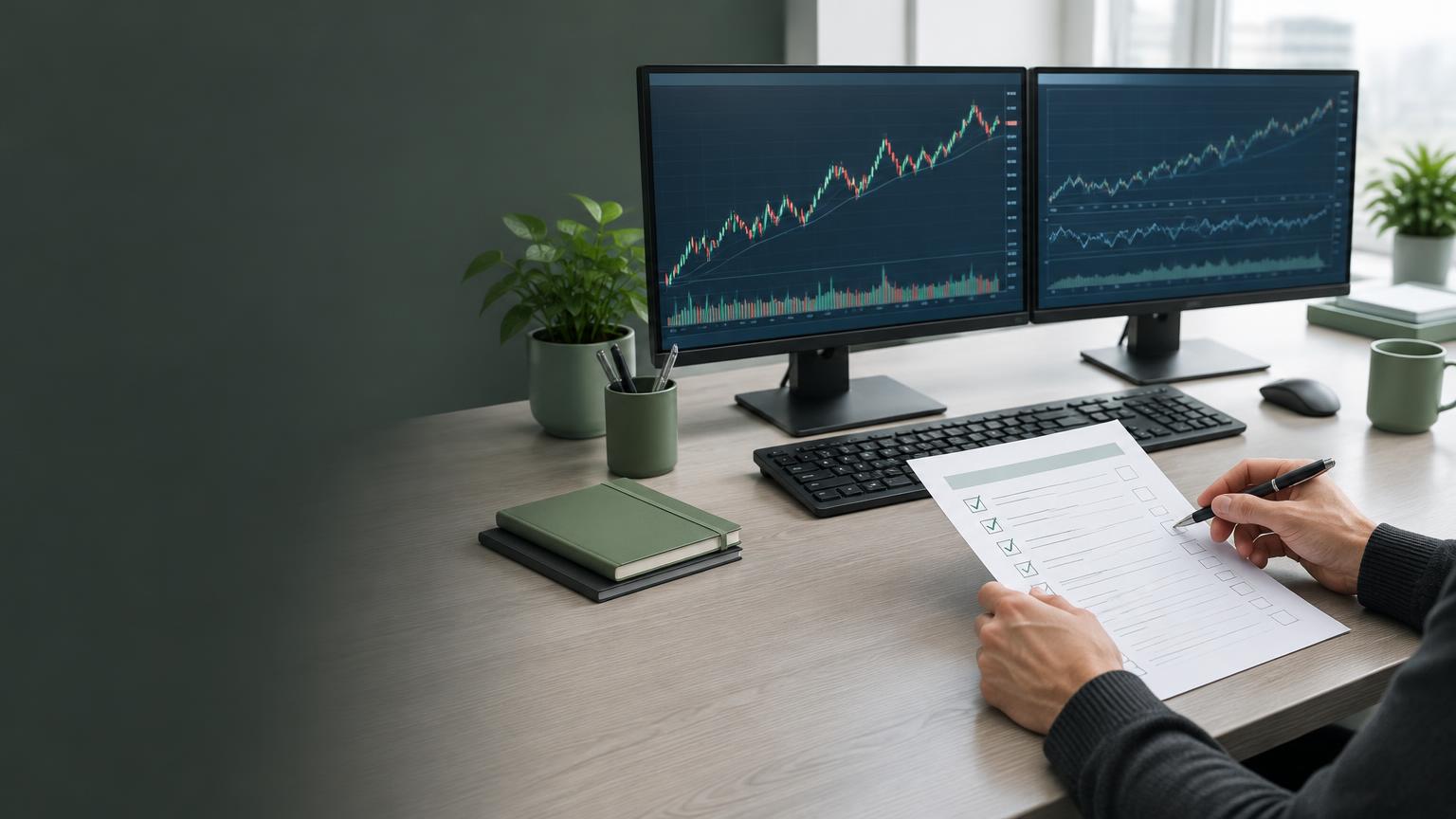 Trading platform screens and an operational checklist being reviewed